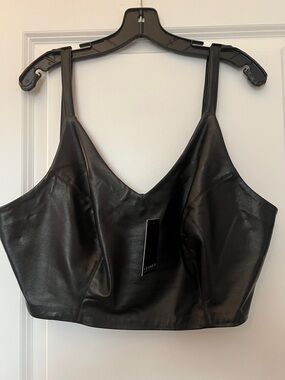 Eloquii Black Faux Leather V-Neck Crop Tank